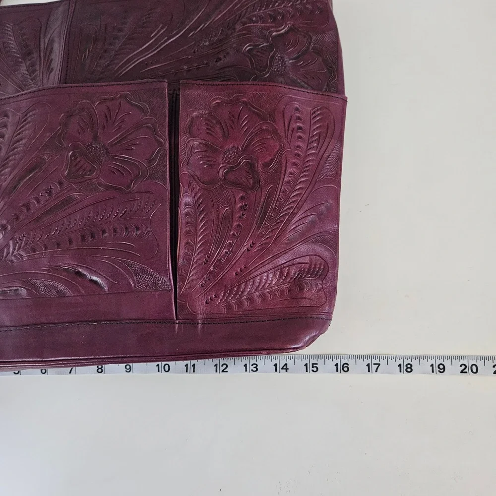 Leaders In Leather Hand-Tooled Tote Bag Burgundy Floral Boho Western Shoulder